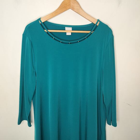 Chico's Stretch Tunic Beaded Neckline Hi Low Hem - Picture 2 of 8